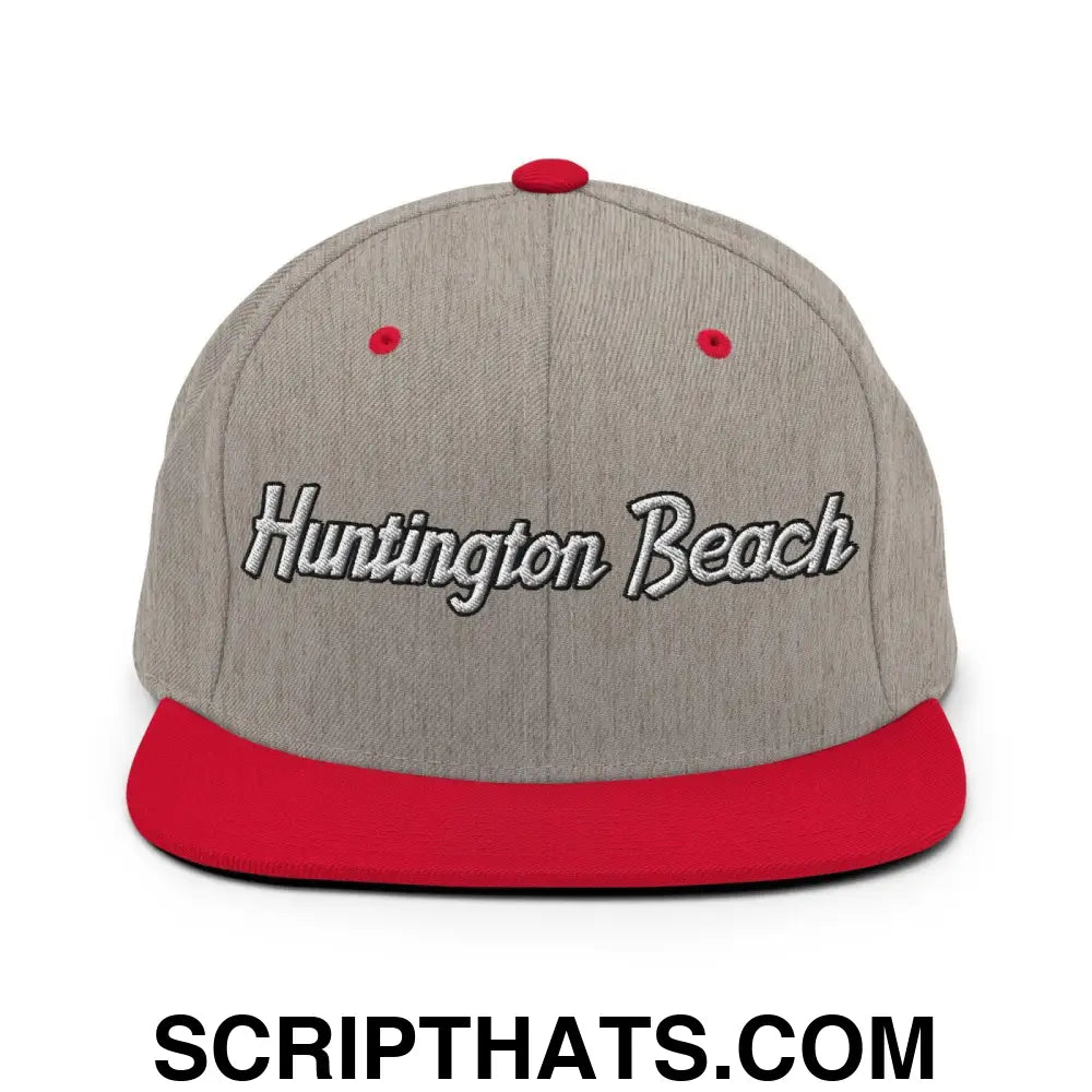 Huntington Beach Script Snapback Hat Heather Grey Red