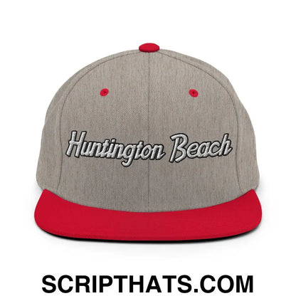 Huntington Beach Script Snapback Hat Heather Grey Red