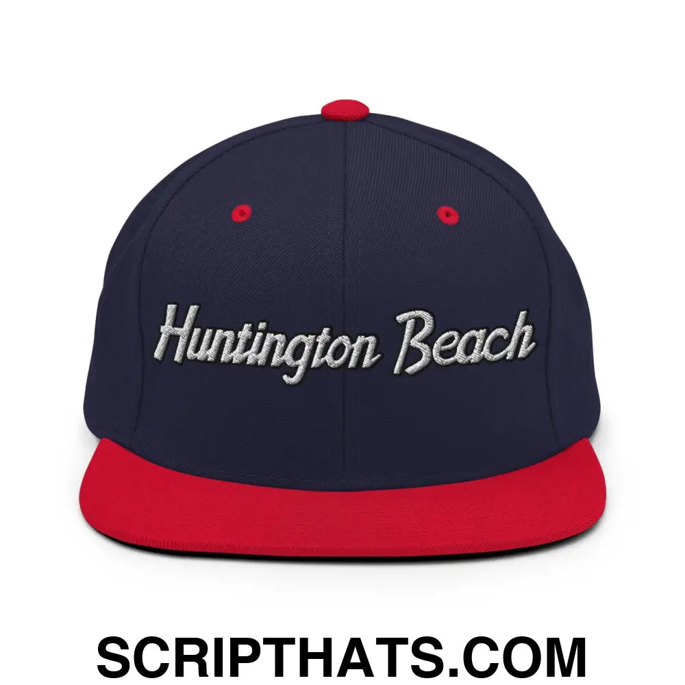 Huntington Beach Script Snapback Hat Navy Red