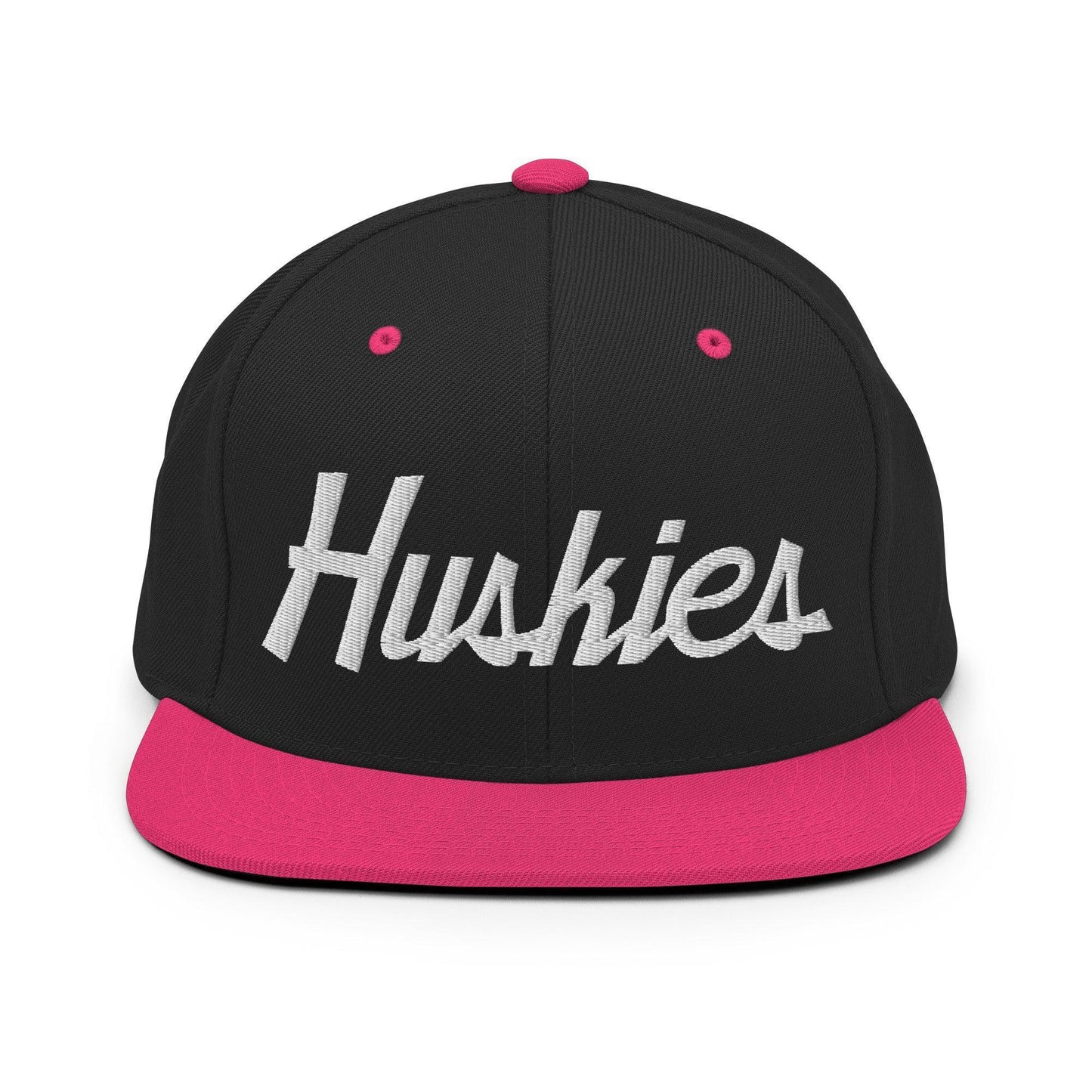 Huskies School Mascot Script Snapback Hat Black Neon Pink