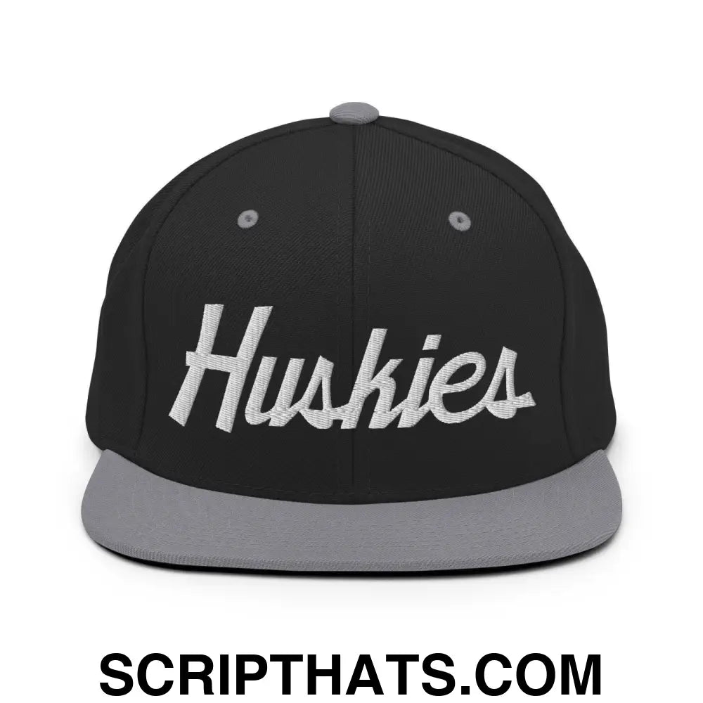 Huskies School Mascot Script Snapback Hat Black Silver