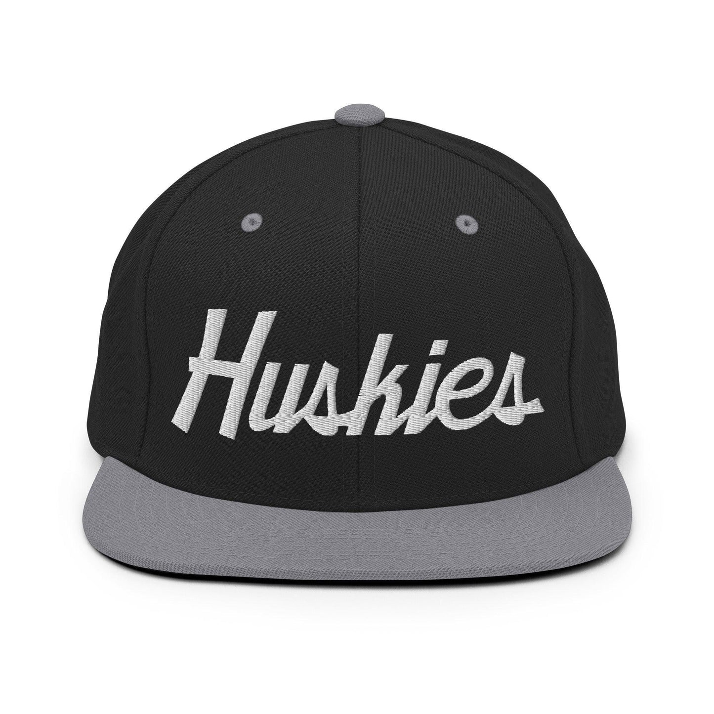 Huskies School Mascot Script Snapback Hat Black Silver