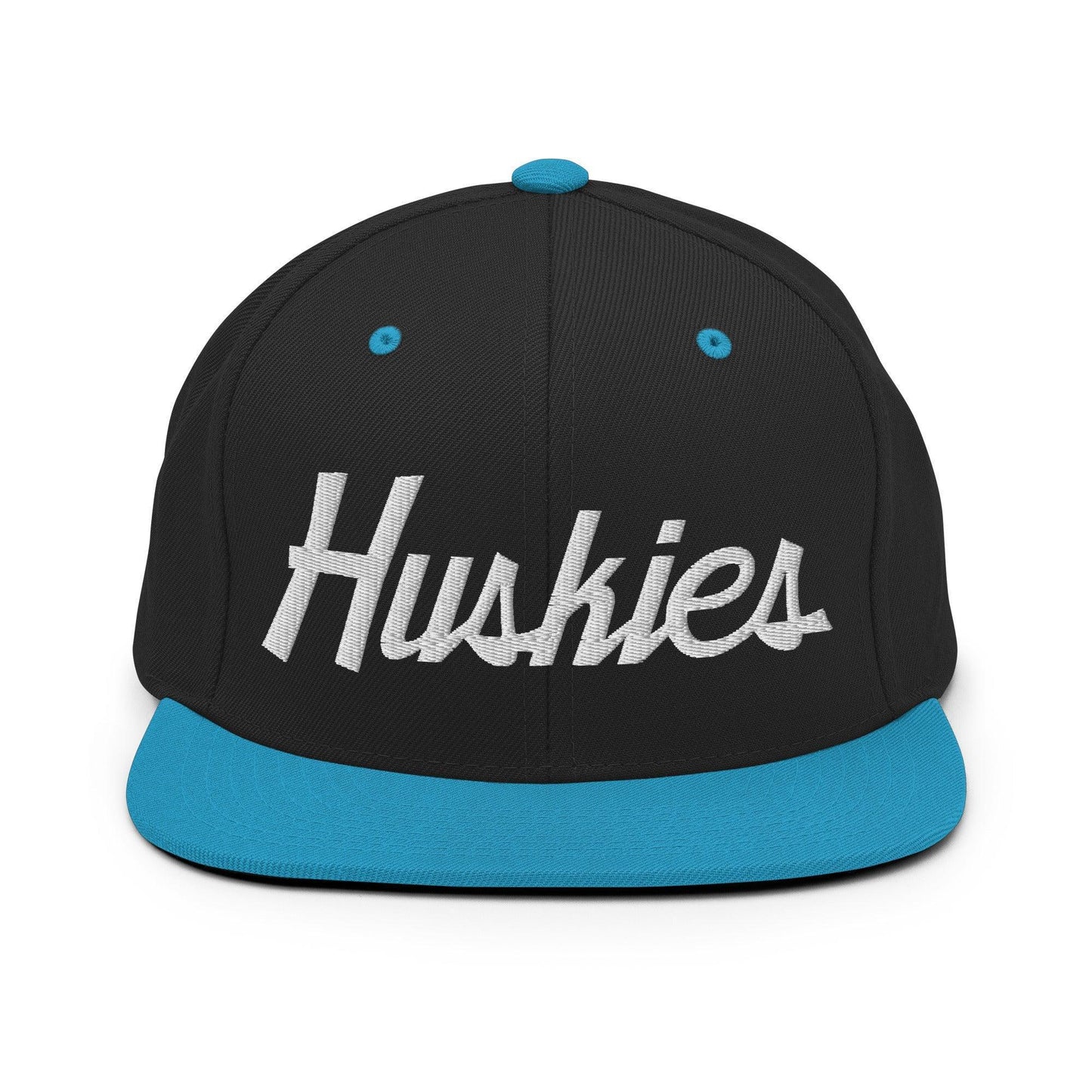 Huskies School Mascot Script Snapback Hat Black Teal