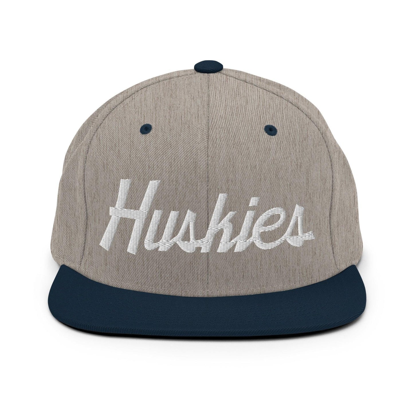 Huskies School Mascot Script Snapback Hat Heather Grey Navy