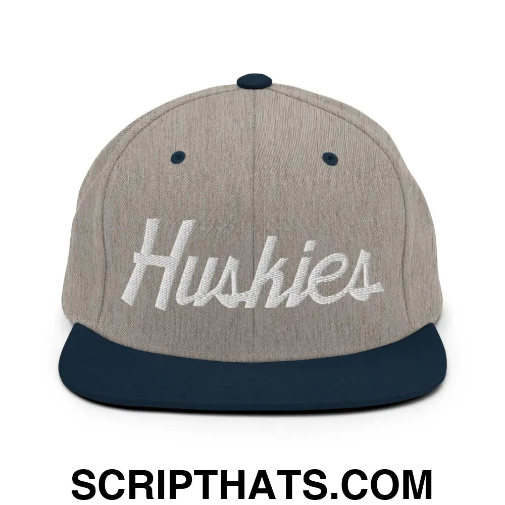 Huskies School Mascot Script Snapback Hat Heather Grey Navy