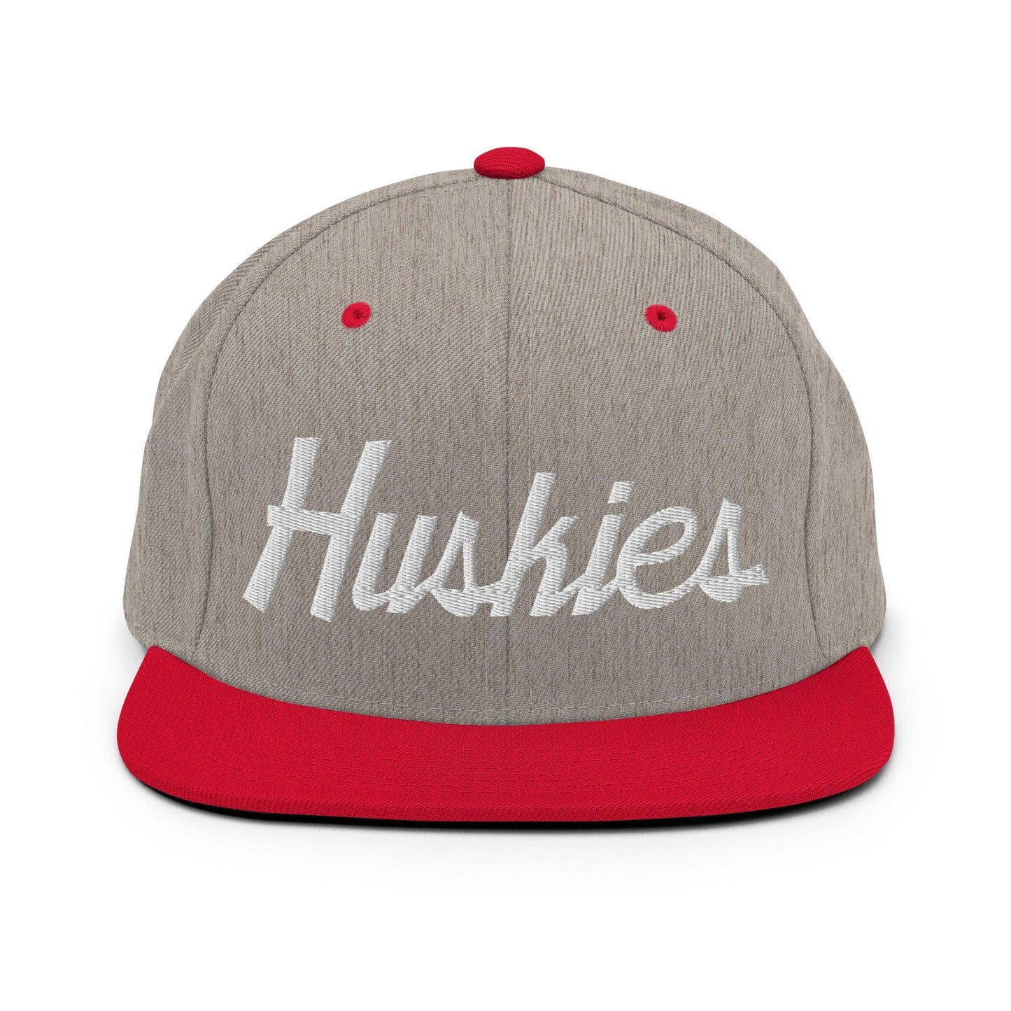 Huskies School Mascot Script Snapback Hat Heather Grey Red