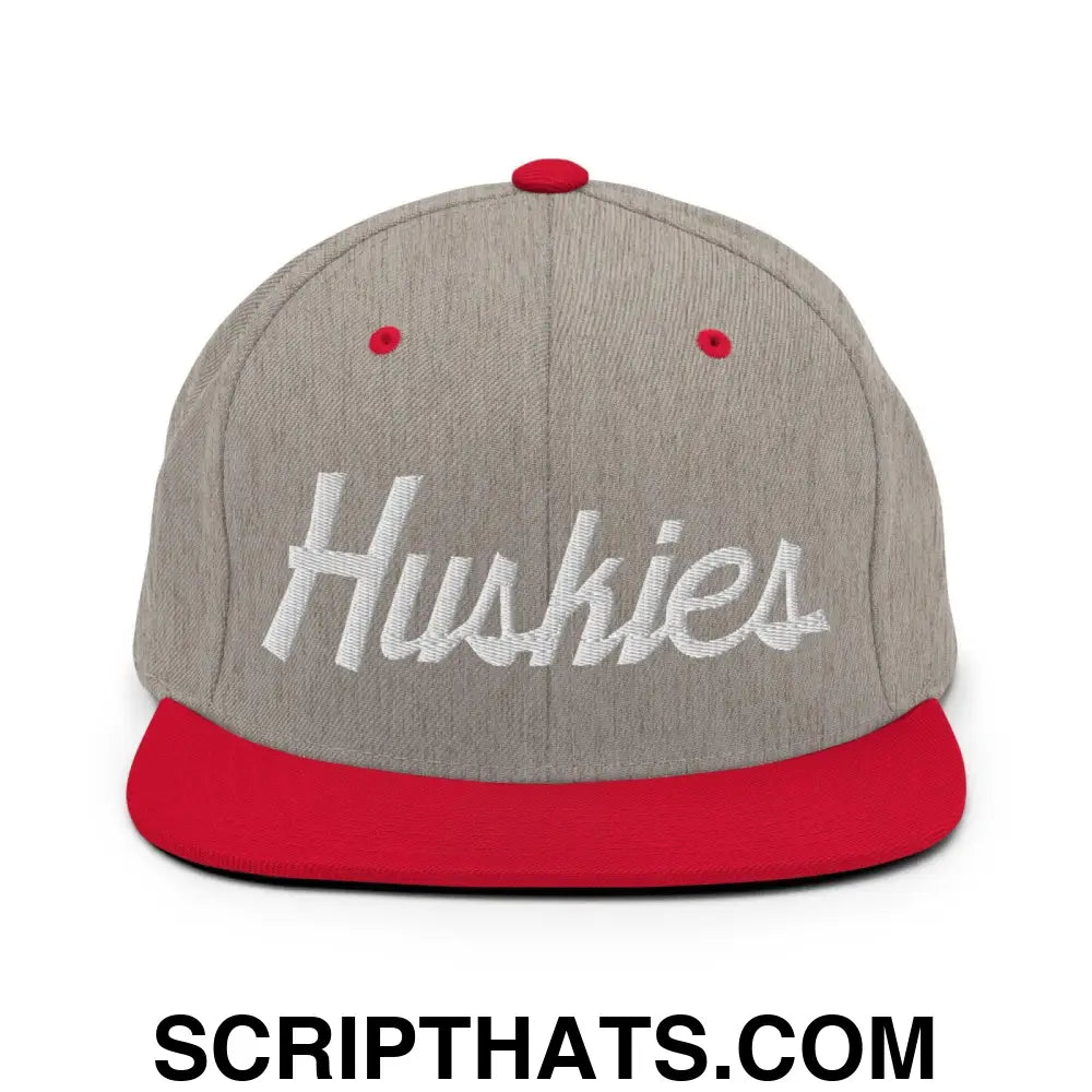 Huskies School Mascot Script Snapback Hat Heather Grey Red