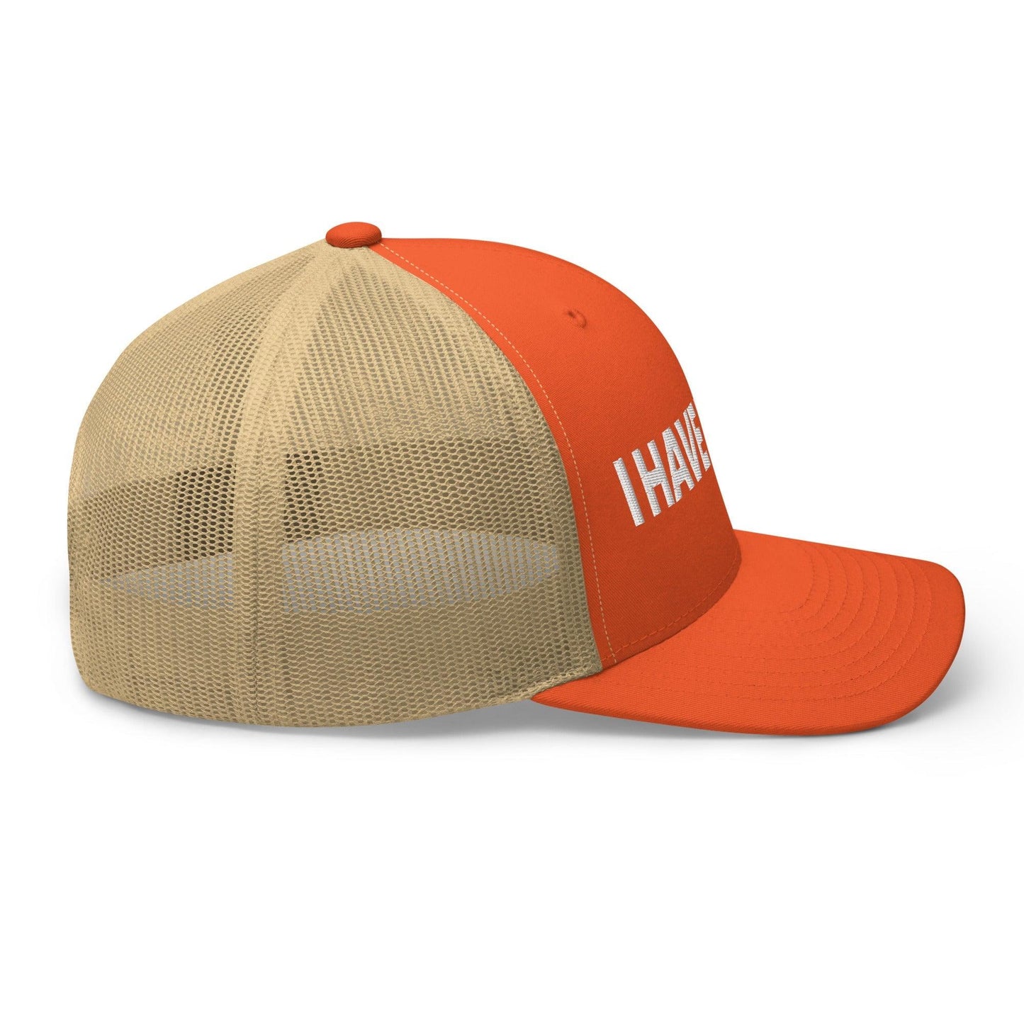 I Have Rabies Embroidered Mesh Trucker Hat Rustic Orange Khaki