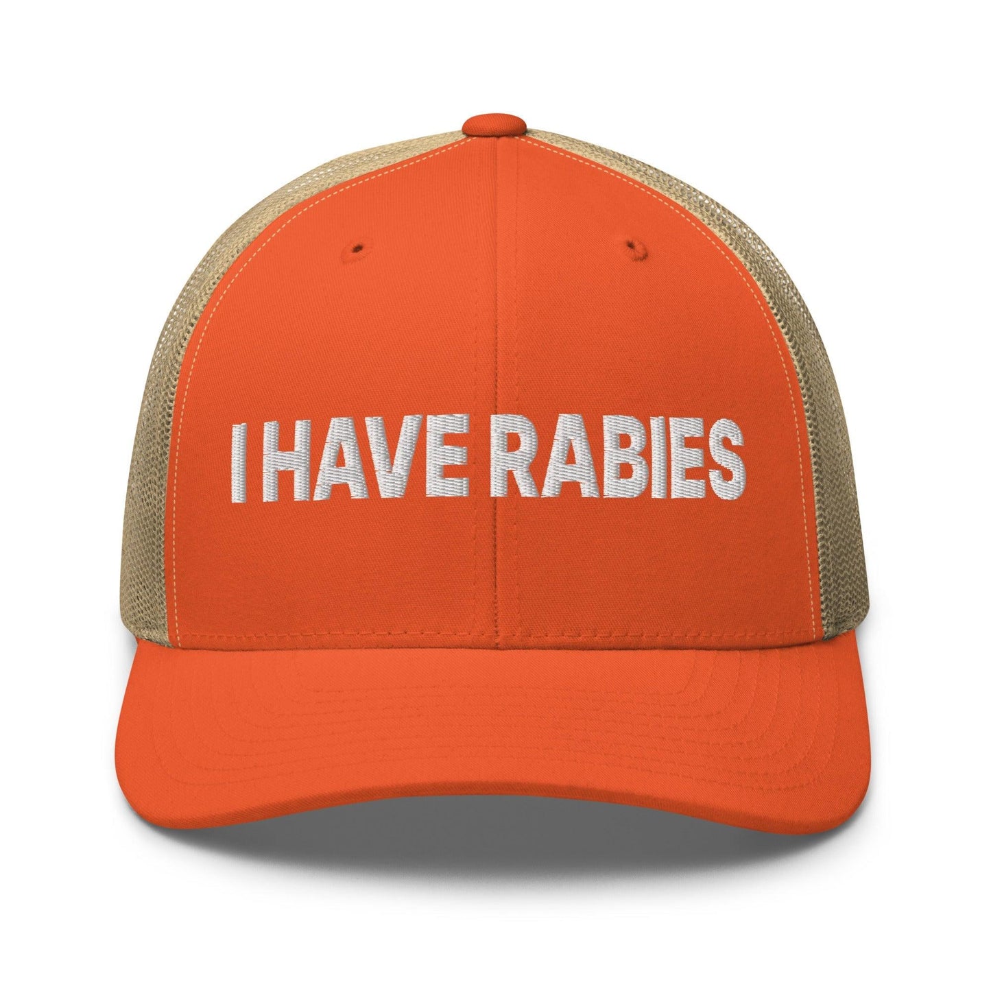 I Have Rabies Embroidered Mesh Trucker Hat Rustic Orange Khaki