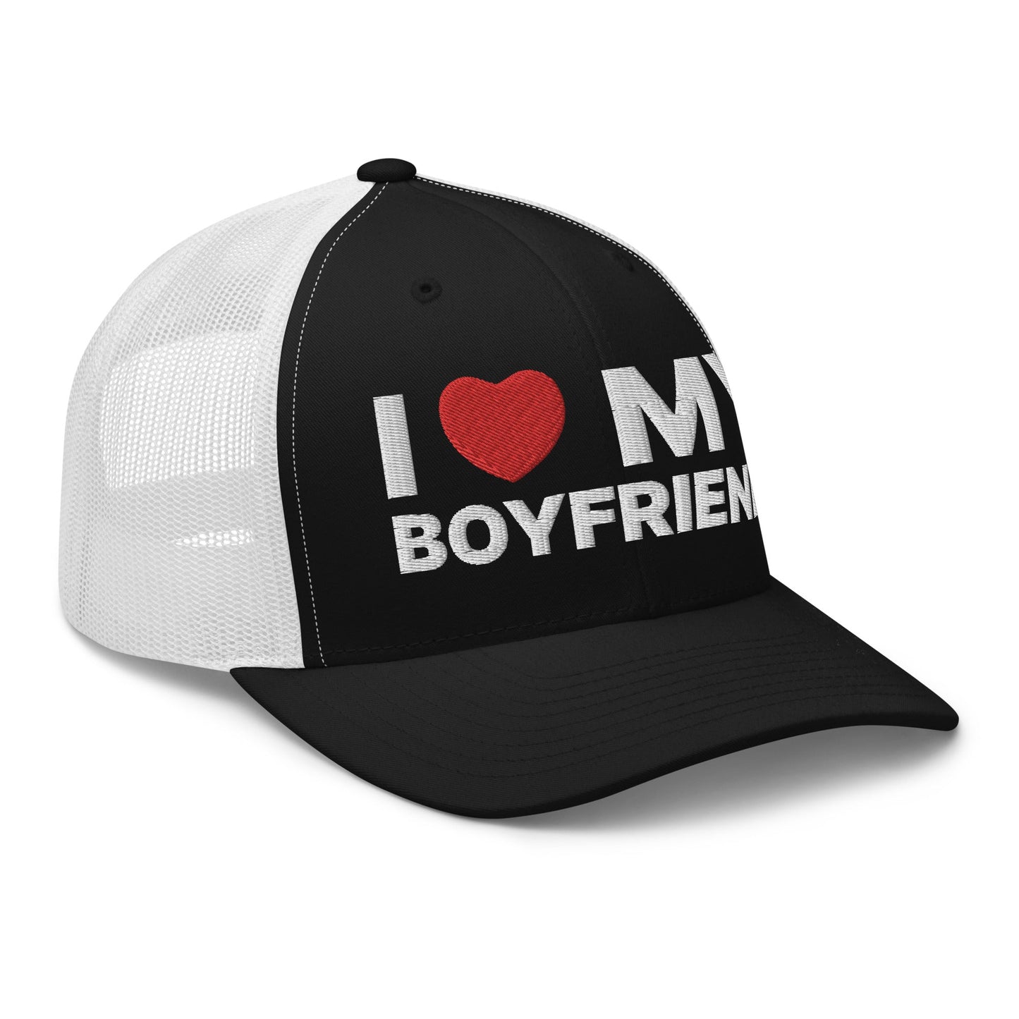 I Love My Boyfriend Retro Trucker Hat Black White