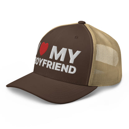 I Love My Boyfriend Retro Trucker Hat Brown Khaki