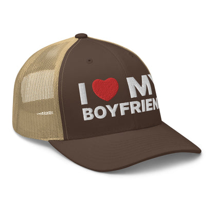 I Love My Boyfriend Retro Trucker Hat Brown Khaki