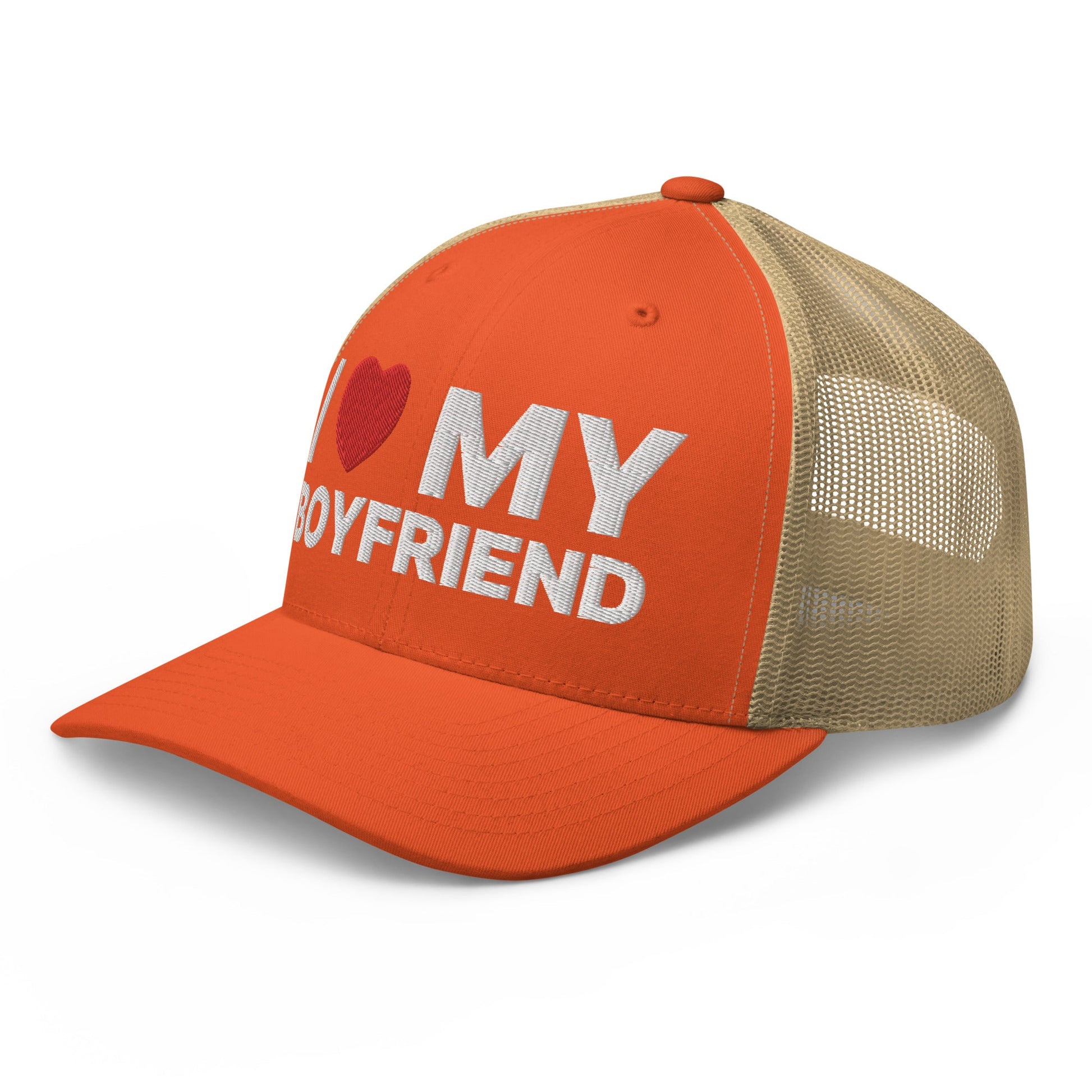 I Love My Boyfriend Retro Trucker Hat Rustic Orange Khaki