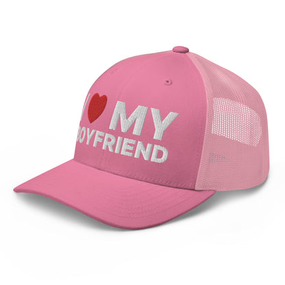 I Love My Boyfriend Retro Trucker Hat Pink