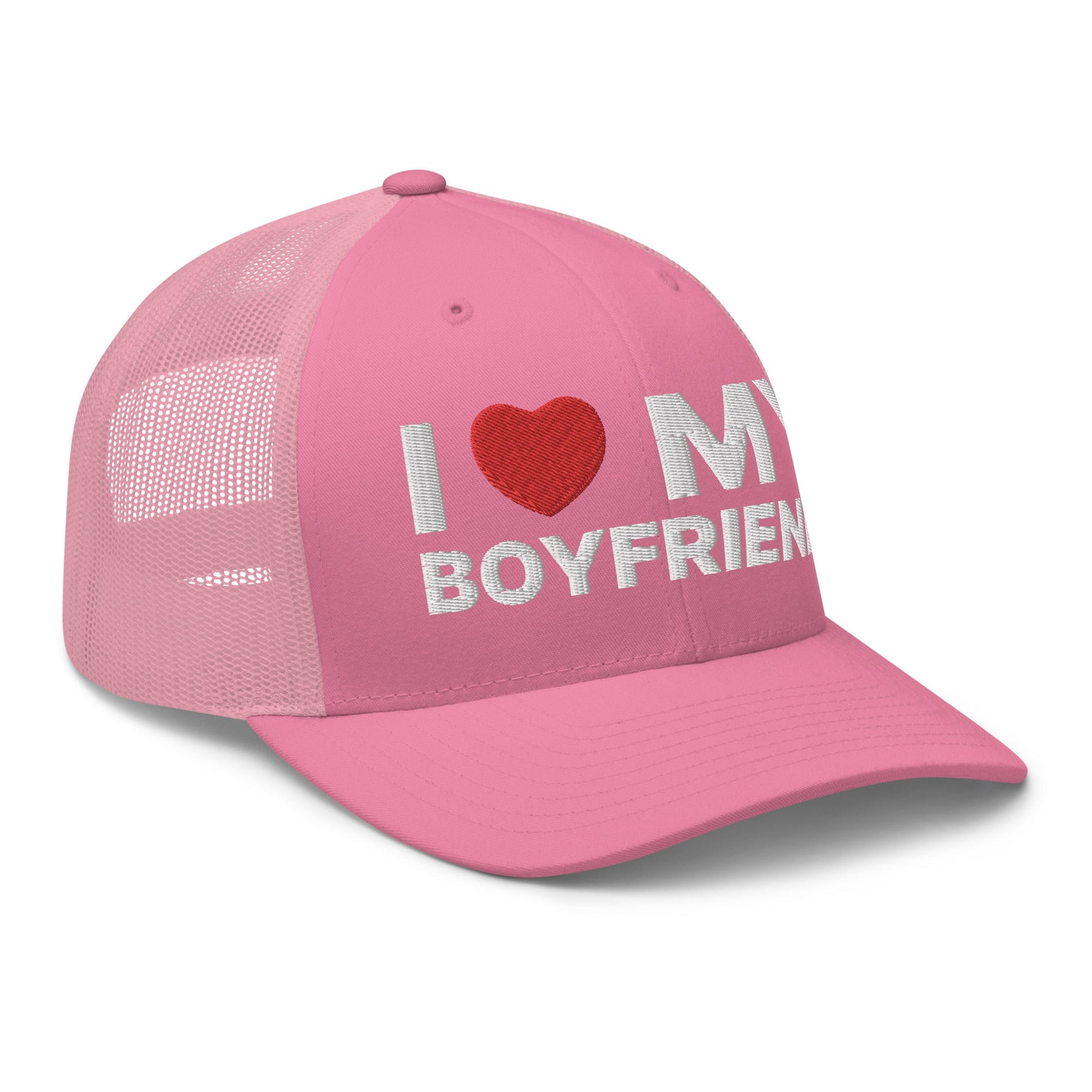 I Love My Boyfriend Retro Trucker Hat Pink