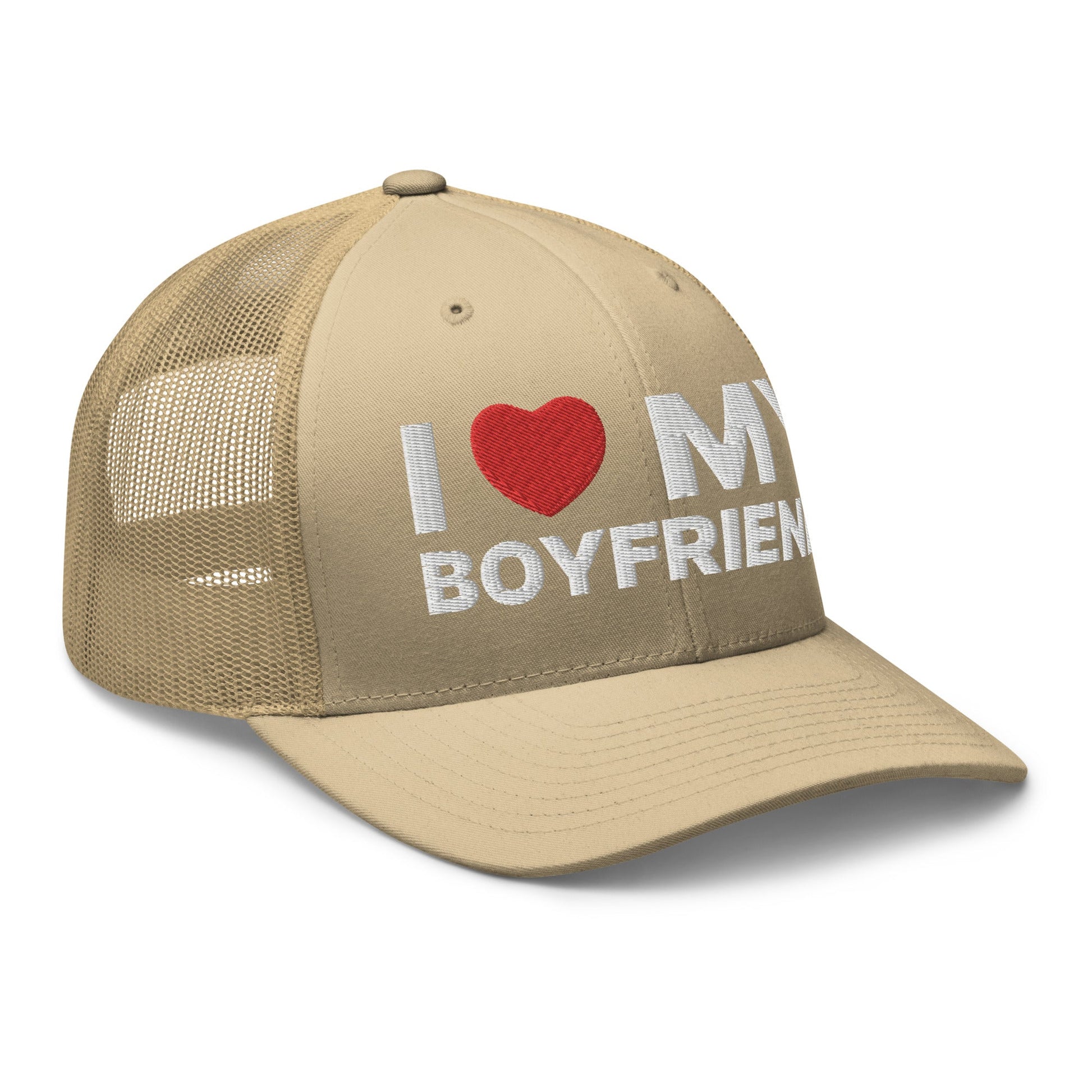 I Love My Boyfriend Retro Trucker Hat Khaki