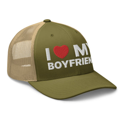 I Love My Boyfriend Retro Trucker Hat Moss Khaki