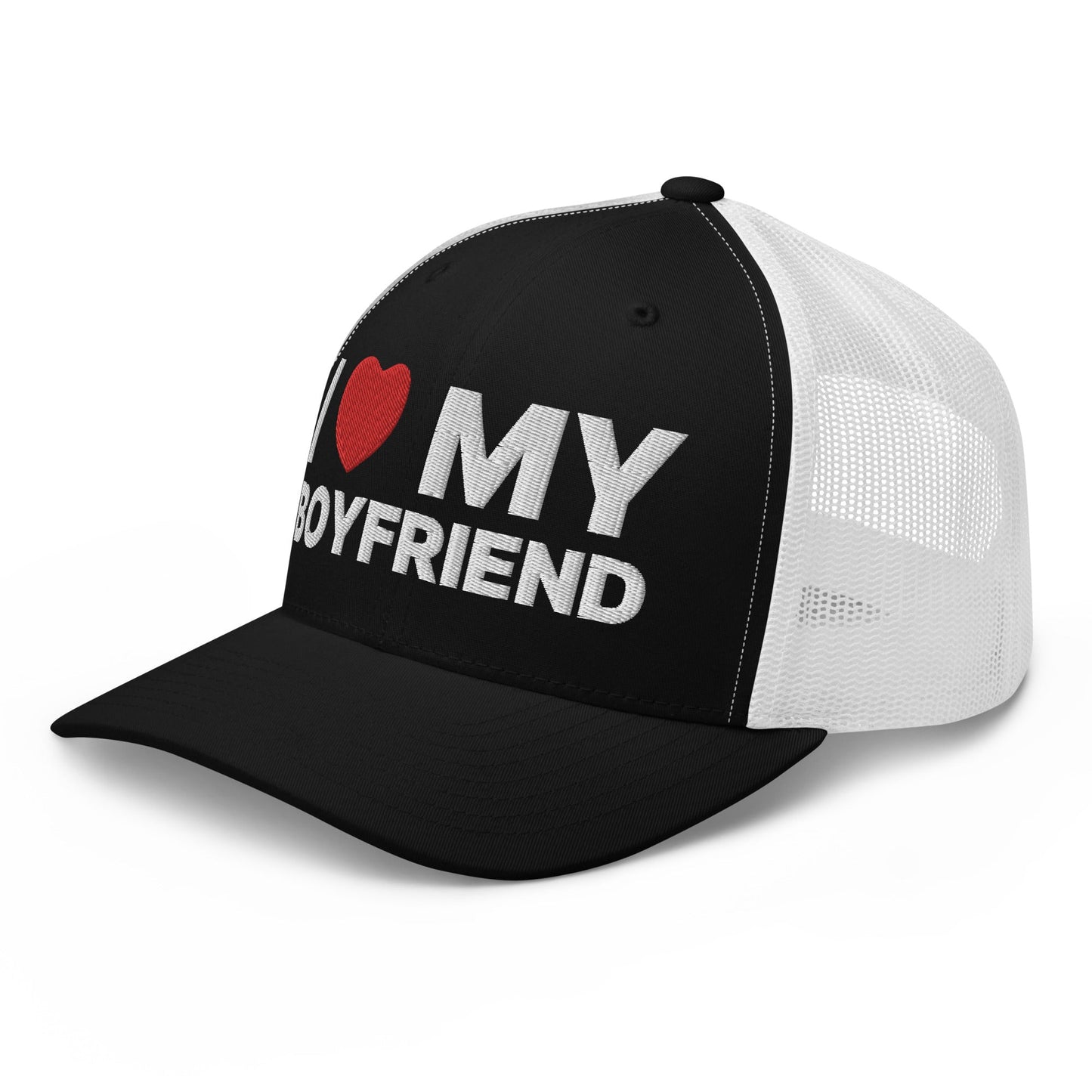 I Love My Boyfriend Retro Trucker Hat Black White