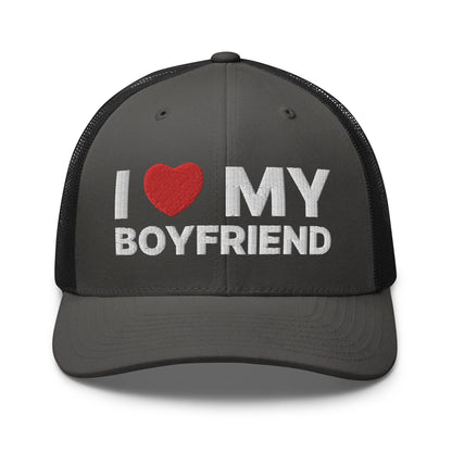 I Love My Boyfriend Retro Trucker Hat Charcoal Black