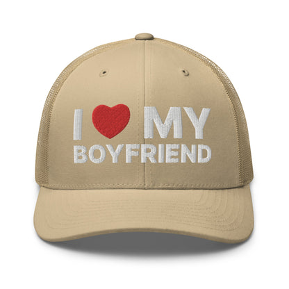 I Love My Boyfriend Retro Trucker Hat Khaki