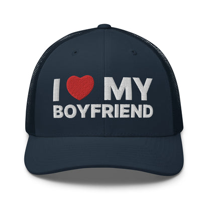 I Love My Boyfriend Retro Trucker Hat Navy