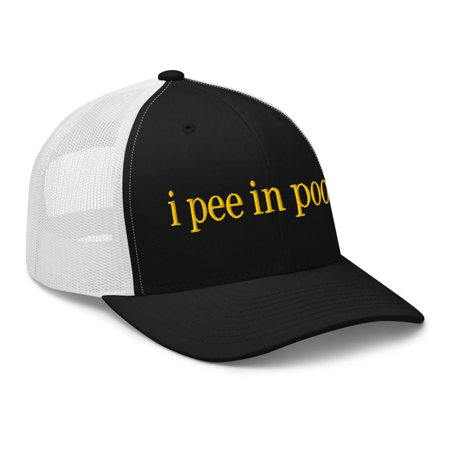 I Pee in Pools Embroidered Mesh Trucker Hat Black White