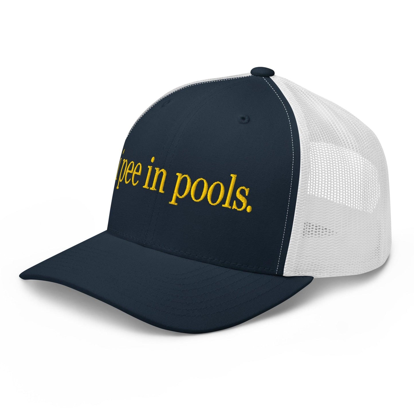 I Pee in Pools Embroidered Mesh Trucker Hat Navy White