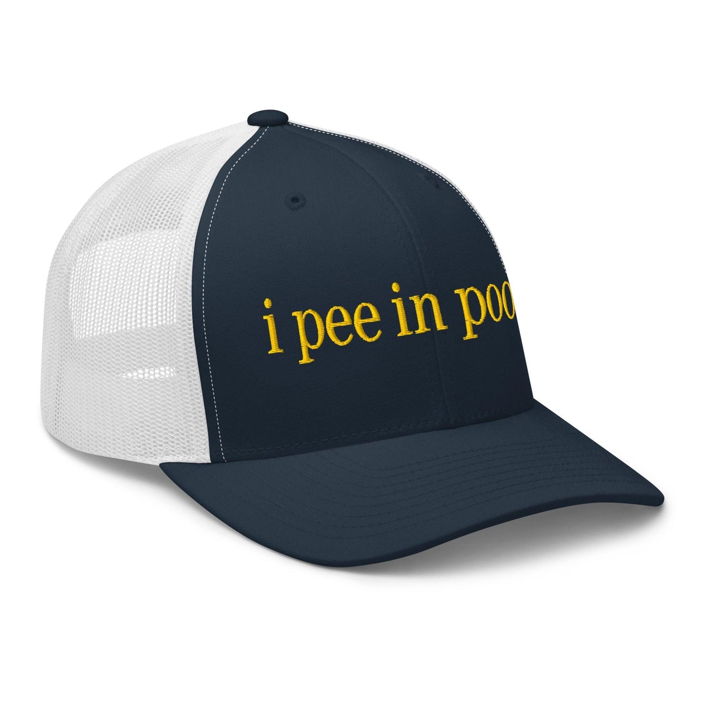 I Pee in Pools Embroidered Mesh Trucker Hat Navy White