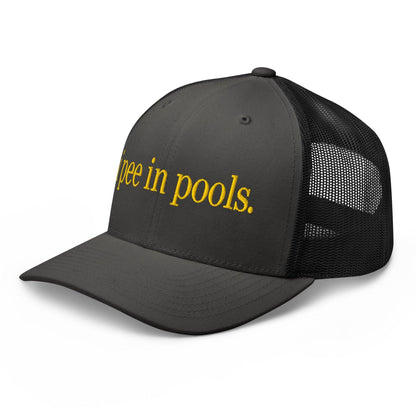 I Pee in Pools Embroidered Mesh Trucker Hat Charcoal Black