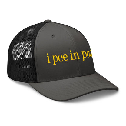 I Pee in Pools Embroidered Mesh Trucker Hat Charcoal Black