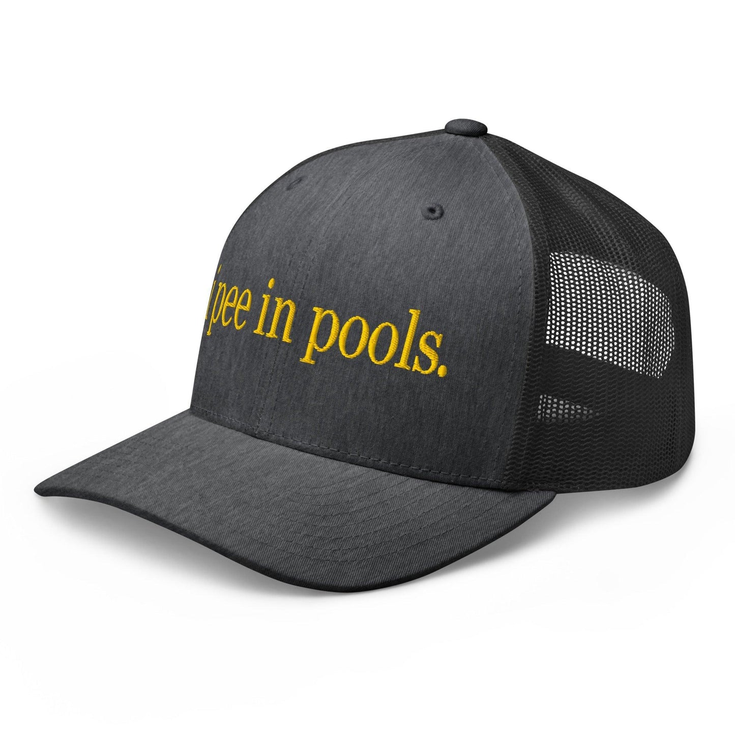 I Pee in Pools Embroidered Mesh Trucker Hat Dark Heather Gray