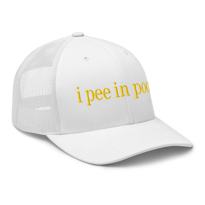 I Pee in Pools Embroidered Mesh Trucker Hat White