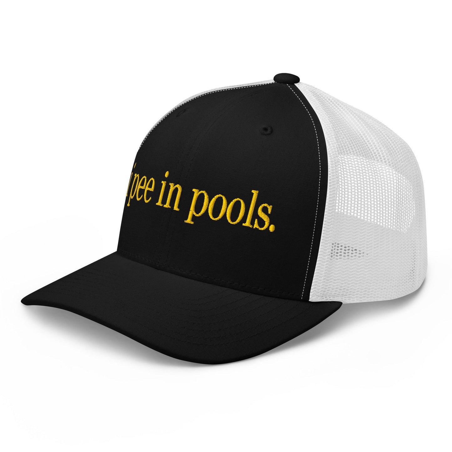 I Pee in Pools Embroidered Mesh Trucker Hat Black White