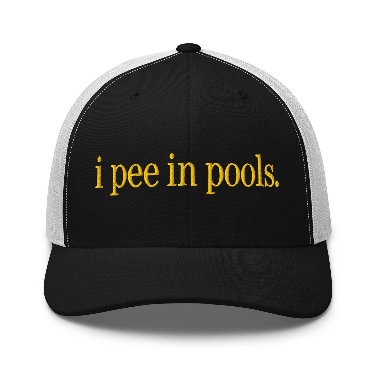 I Pee in Pools Embroidered Mesh Trucker Hat Black White