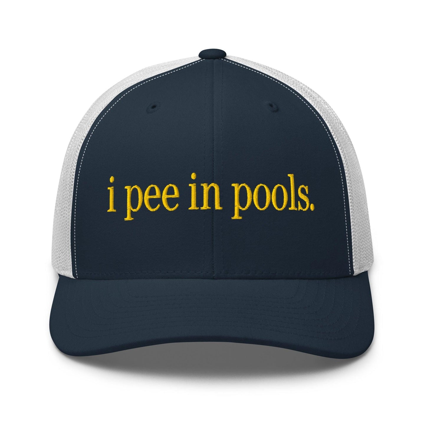 I Pee in Pools Embroidered Mesh Trucker Hat Navy White