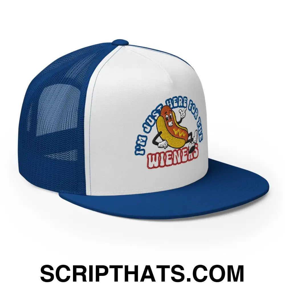 I'm Just Here for the Wieners 4th of July Funny Snapback Trucker Hat Royal White Royal