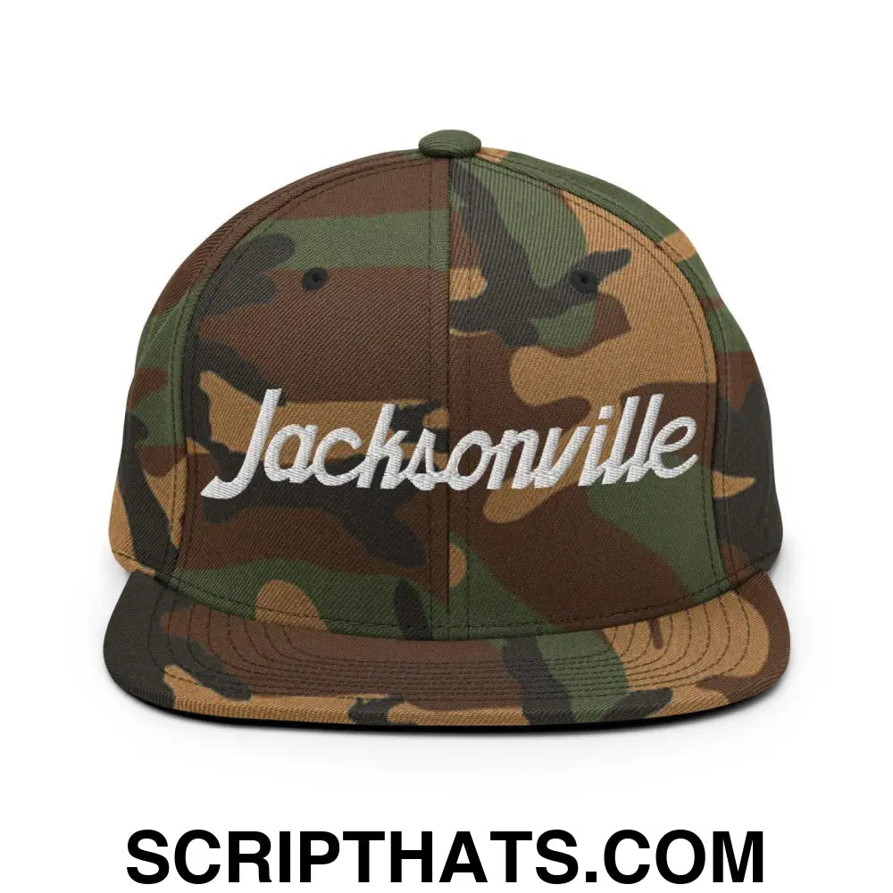 Jacksonville Script Snapback Hat Green Camo