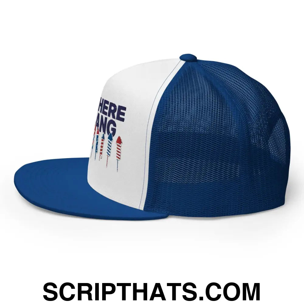 Just Here to Bang 4th of July Funny Snapback Trucker Hat Royal White Royal