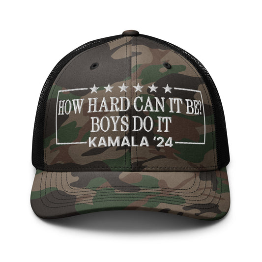 Kamala Harris 2024 How Hard Can It Be? Boys Do It Camo Trucker Hat Camo Black