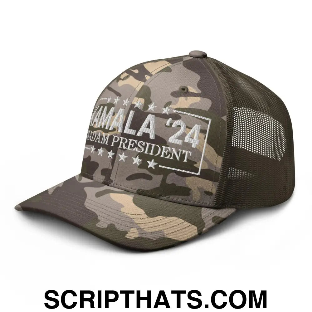 Kamala Harris 2024 Madam President Camo Trucker Hat Camo Olive