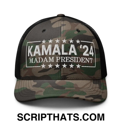 Kamala Harris 2024 Madam President Camo Trucker Hat Camo Black