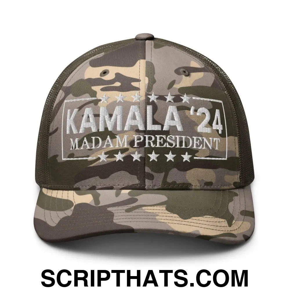 Kamala Harris 2024 Madam President Camo Trucker Hat Camo Olive