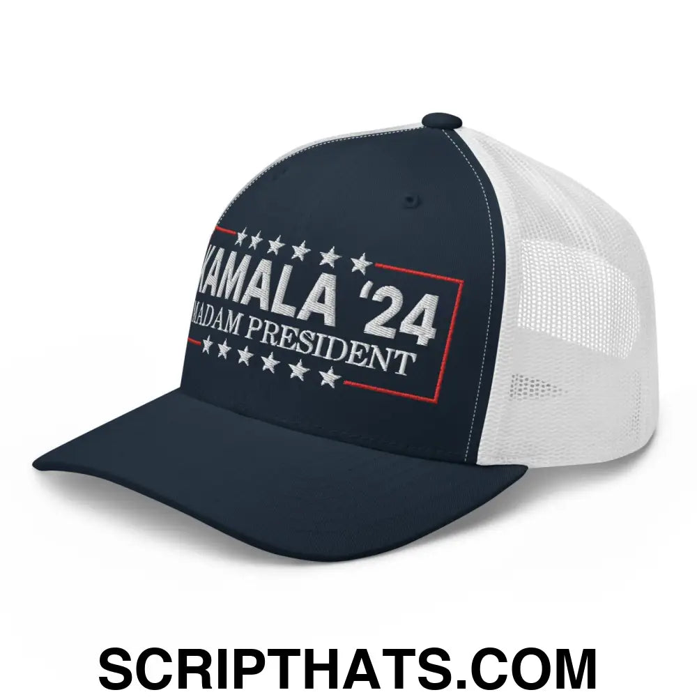 Kamala Harris 2024 Madam President Retro Trucker Hat Navy White