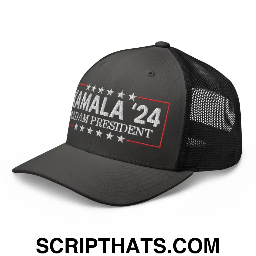 Kamala Harris 2024 Madam President Retro Trucker Hat Charcoal Black