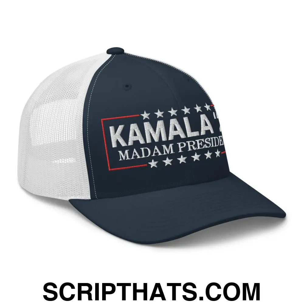 Kamala Harris 2024 Madam President Retro Trucker Hat Navy White