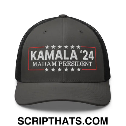 Kamala Harris 2024 Madam President Retro Trucker Hat Charcoal Black