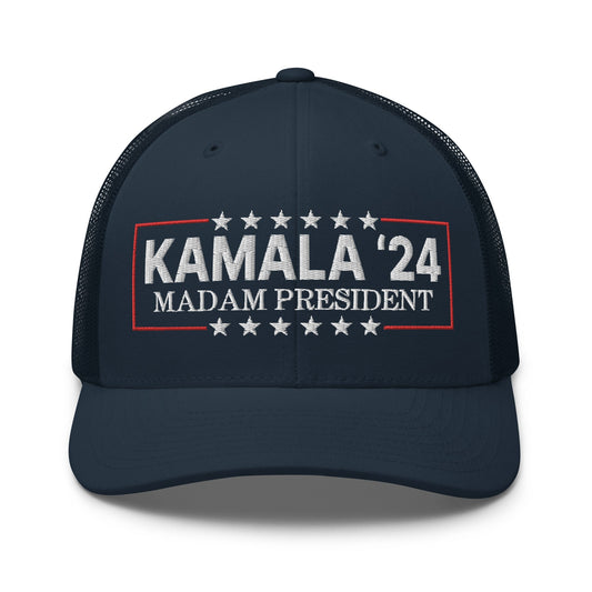 Kamala Harris 2024 Madam President Retro Trucker Hat Navy