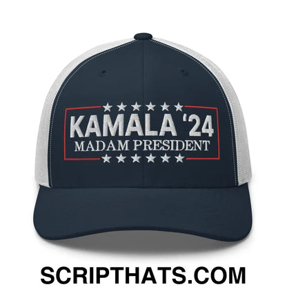 Kamala Harris 2024 Madam President Retro Trucker Hat Navy White