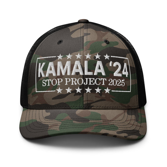 Kamala Harris 2024 Stop Project 2025 Camo Trucker Hat Camo Black