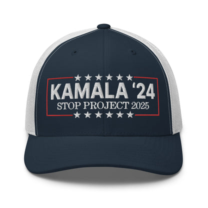 Kamala Harris 2024 Stop Project 2025 Retro Trucker Hat Navy White